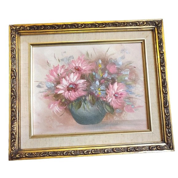 Vtg Still Life On Canvas Flowers Daisies? in Vase Ornate Frame Signed 11x13"